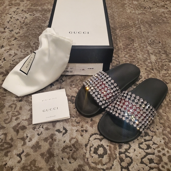Gucci Crystal Embellished Web Slide Sandals Calfskin Leather and Rubber NEW - Picture 5 of 10